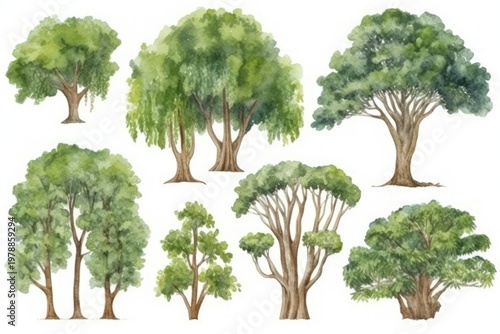 Watercolor Illustration of Various Tree Species in a Natural Setting
