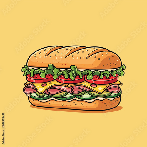 A colorful cartoon illustration of a stacked sandwich with fresh ingredients