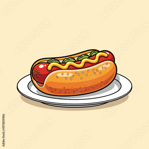 Cartoon illustration of a hot dog with mustard and relish on a plate