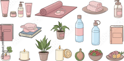 Wellness And Self Care Vector Set Featuring Skincare Products Yoga Mat Candles Potted Plants Water Bottles And Healthy Food For Mindfulness Relaxation And Healthy Lifestyle Graphic Designs