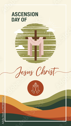 Ascension day of jesus christ depicted with a cross and praying hands illustration
