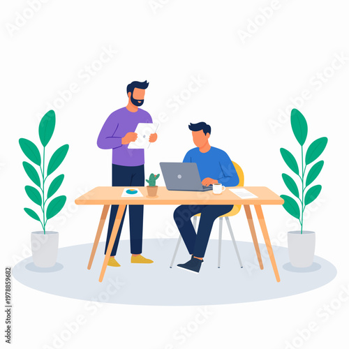 Two coworkers talking during work in a friendly office setting. One colleague working on laptop at desk while discussing tasks and ideas. Flat vector illustration