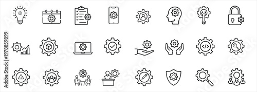 Configuration and technical support web line icons set featuring system maintenance, gear options, profile management, security settings, tool preference, and more Vector Illustration 
