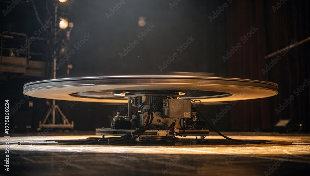 Obraz premium Rotating platform in medium shot spinning gently with focus on the motorized base blurred theatrical set creating a dynamic automation scene.
