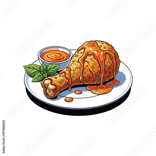 A vibrant illustration of a crispy fried chicken leg with sweet sauce and garnish
