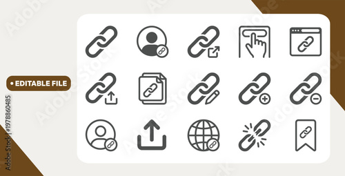 Set of link icons: bio, external, website, qr, edit, share, add, remove, save