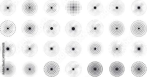 Circular Halftone Pattern Vector Set Featuring Various Radial Dot Designs And Concentric Pointillism Elements For Modern Minimalist Abstract Backgrounds And Geometric Texture Graphic Designs