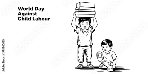 A black and white illustration highlighting the urgent issue of world day against child labour. Vector, illustration