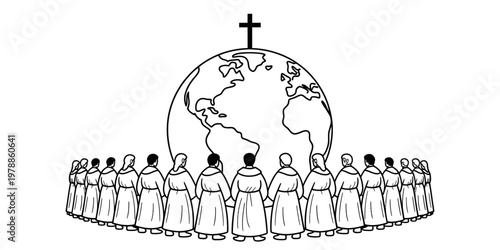 A black and white line drawing of people in robes standing around the world with a cross above Vector, illustration