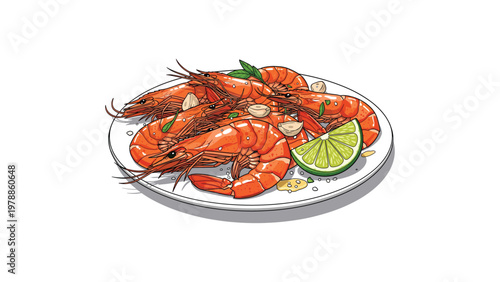 A colorful illustration of cooked shrimp served with garlic lime and herbs on a plate