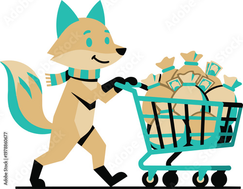 Fox pushing shopping cart with money bags
