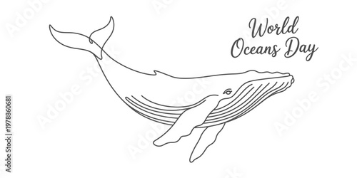 A minimalist single line drawing of a majestic humpback whale celebrating world oceans day event Vector, illustration