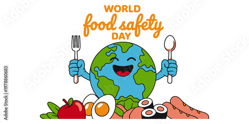 A colorful illustration celebrating world food safety day with a happy earth holding silverware Vector, illustration