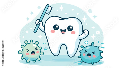 Cute cartoon tooth character holding a toothbrush and fighting off germs or bacteria, dental hygiene concept for kids, vector illustration