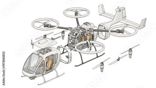 Modular Urban Air Taxi Drone Blueprint with Detachable Passenger Pod System Quad Rotor VTOL Aircraft Technical Schematic