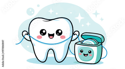 Cute cartoon tooth character flossing with dental floss container, vector illustration for dental hygiene and oral health care concept
