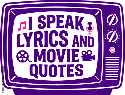 Foto Retro television vector illustration with movie quotes text, vintage purple TV s