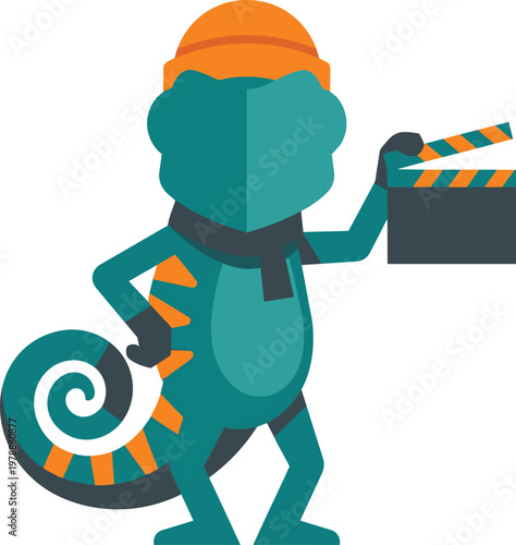 Chameleon filmmaker holding film slate for production