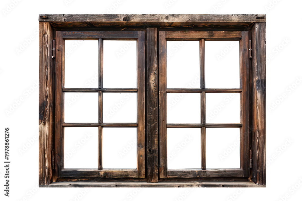 Fototapeta premium dark wooden window frame isolated on white or transparent png