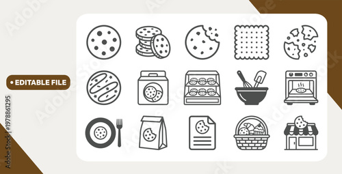 Assorted cookie icons featuring chocolate chip, biscuit, and more in bakery setting