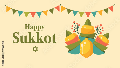 A colorful illustration celebrating the jewish holiday of sukkot with festive decorations