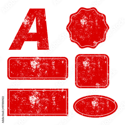 Red distressed rubber stamp frames and grunge textures set, Vintage blank red ink stamp labels and badges collection, Grunge textured border shapes and letter a stamp design, Set of red weathered ink 