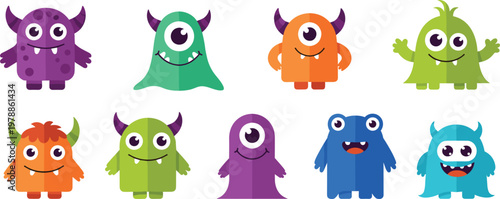 Cute Little Monster Vector Set Featuring Colorful Kawaii Alien Characters With Horns And One Eye For Children Party Birthday And Fun Creative Graphic Designs In Flat Style