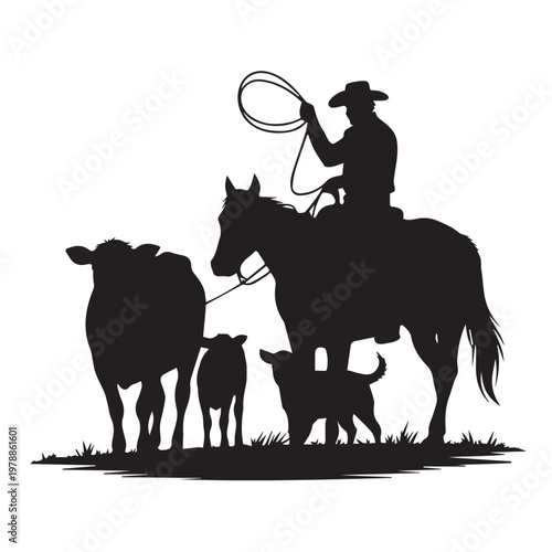 Cowboy Herding Cattle with Lasso on Horse – Ranch Life Silhouette Vector