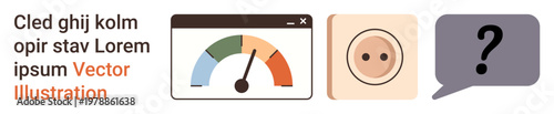 Energy efficiency, usability, functionality, technology, communication, and query solutions. A dashboard gauge, electrical outlet and question-mark bubble. Energy efficiency and usability concepts