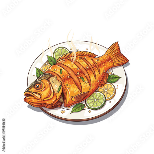 A vibrant illustration of a golden brown sliced fish served with citrus and herbs