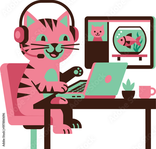 Cat telecommuting with fish bowl video call