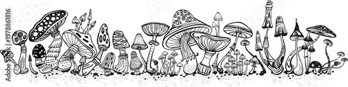 Psychedelic Mushroom Hand Drawn Line Art Border