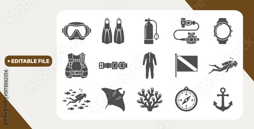 Scuba diving equipment icons including mask, fins, and wetsuit