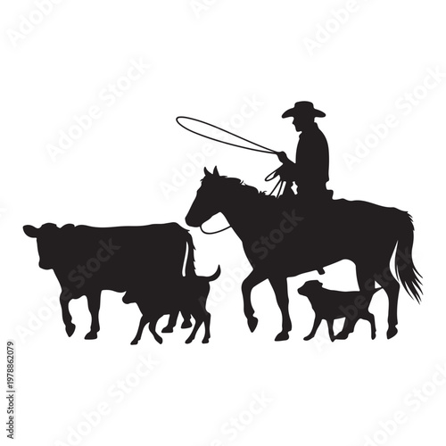 Cowboy Herding Cattle with Lasso on Horse – Ranch Life Silhouette Vector