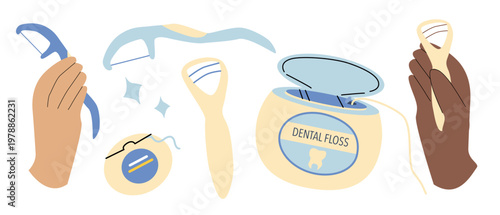 Oral hygiene set with tongue scrapers and dental floss tools. Accessories for cleaning teeth and tongue, daily care concept. Flat vector illustration in doodle outline style isolated on white backgrou