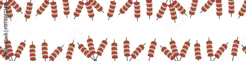 BBQ kebab border isolated on white. Barbeque meat kebab on skewer. Vector illustration in cartoon flat style.