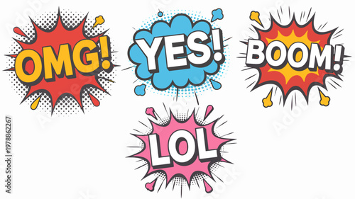 Comic speech bubbles, pop art explosion words, OMG, YES, BOOM, LOL, colorful vector icons set