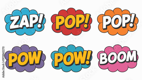 Comic book explosion sound effects, colorful pop art bubbles, zap pow boom icons, vector graphics