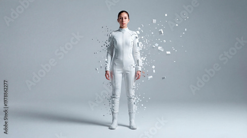 Minimalist space astronaut disintegrate into geometric data structure