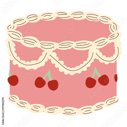 Vintage dessert cake topped with cherries, ornate cream decoration in retro aesthetic. Playful coquettish flat illustration, doodle style, isolated on white.