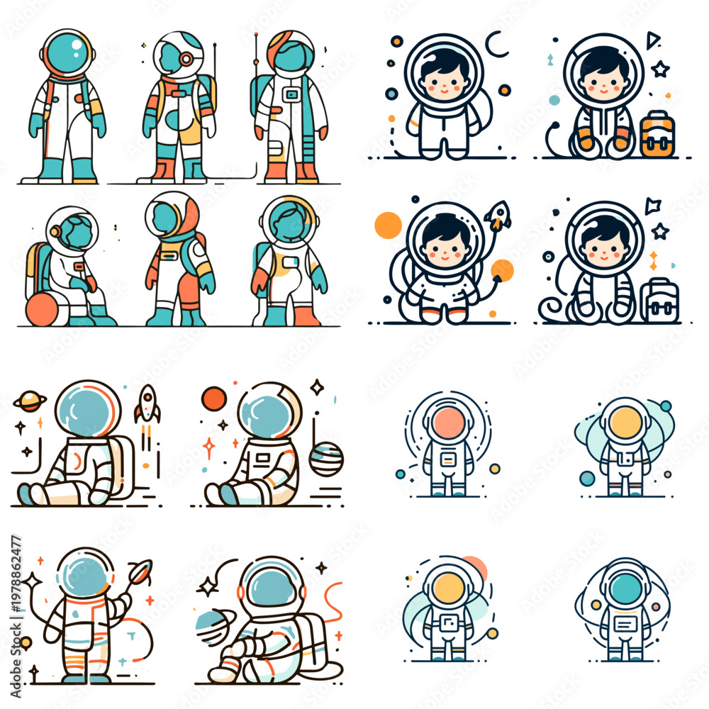 Fototapeta premium Child in spacesuit, exploring space and looking joyful in cartoon style 