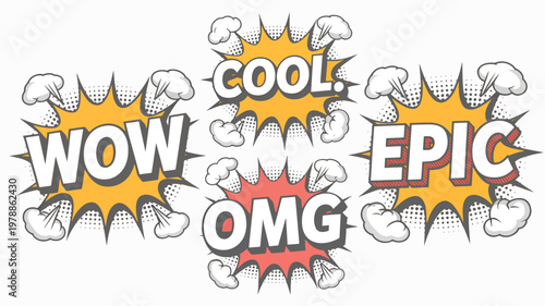 Comic book explosion words, WOW OMG EPIC COOL, vector expressions