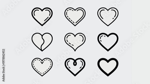 set of nine hand-drawn black and white love hearts vector illustration for valentine's day or romance design