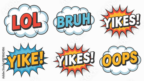 Comic speech bubbles, colorful cartoon text, emotive expressions, vector icons