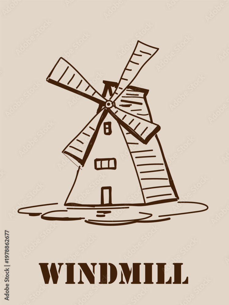 Obraz premium Windmill image on beige background, EPS10 vector illustration, hand-drawn windmill in simplified cartoon style, for game design, landscape and agricultural themes.