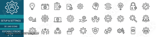 Setup and settings web line icons set featuring technical support, gear configuration, system management, user profile, security lock, and more Vector Illustration with editable stroke
