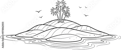 Serene tropical island surrounded by calm ocean waters with palm trees and birds flying Vector