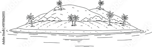 Tranquil tropical island with scattered palm trees and gentle waves Vector