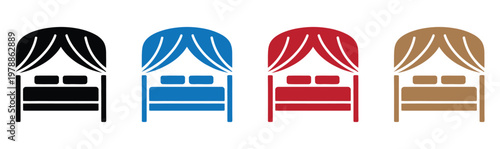 flat design bed set with colorful curtains and neutral headboards vector illustration