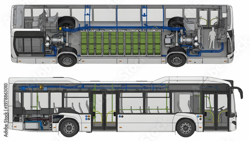 Electric City Bus CAD Blueprint with Modular Battery Architecture Underfloor Energy Pack Layout Technical Top and Side Elevation Drawing